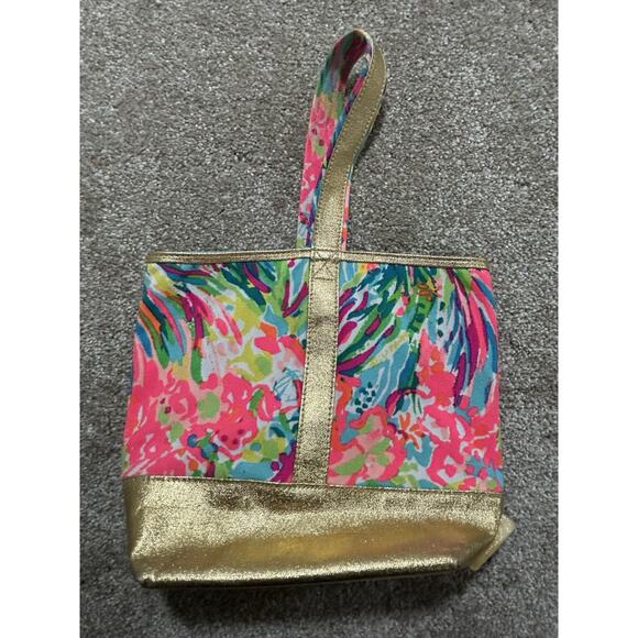 Lily Pulitzer Wine Bag Gold Fan Sea Pants Tote - Picture 2 of 5